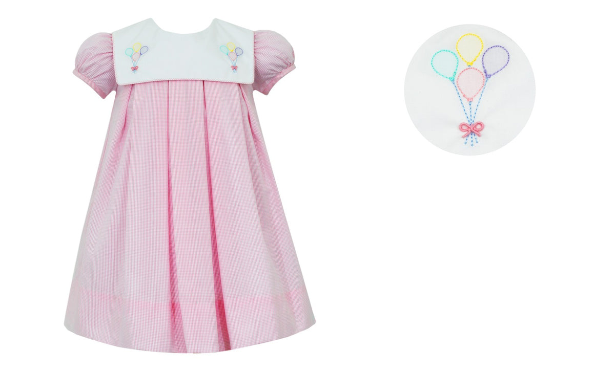 Anavini Baby Girls Pink Check Dress - Embroidery Birthday Balloons
