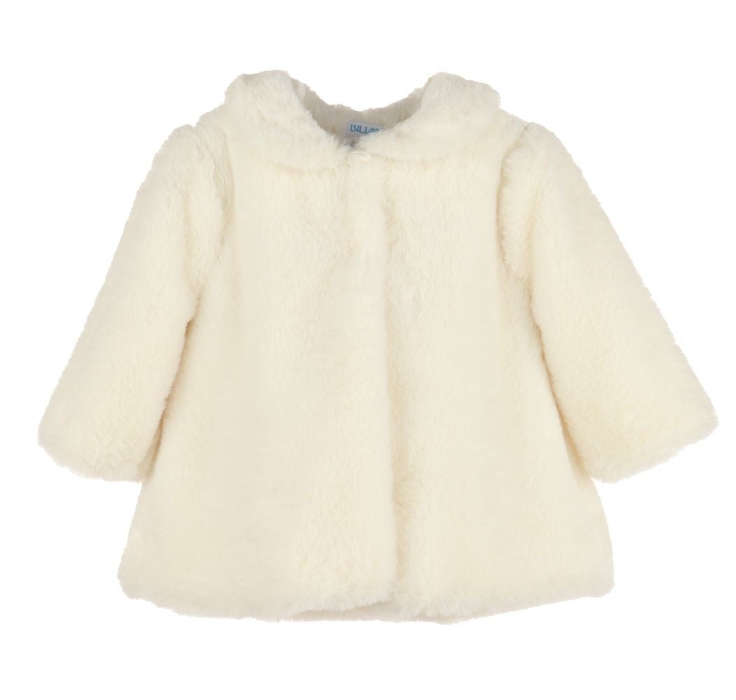 Luli & Me Girls Ivory Cozy Fuzzy Faux Fur Coat - Bow on Back
