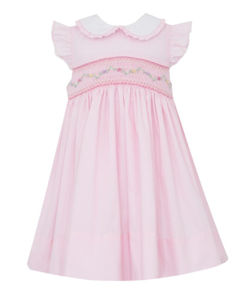 Petit Bebe Girls Pink Poplin Flutter Sleeve Smocked Dress by Petit Bebe