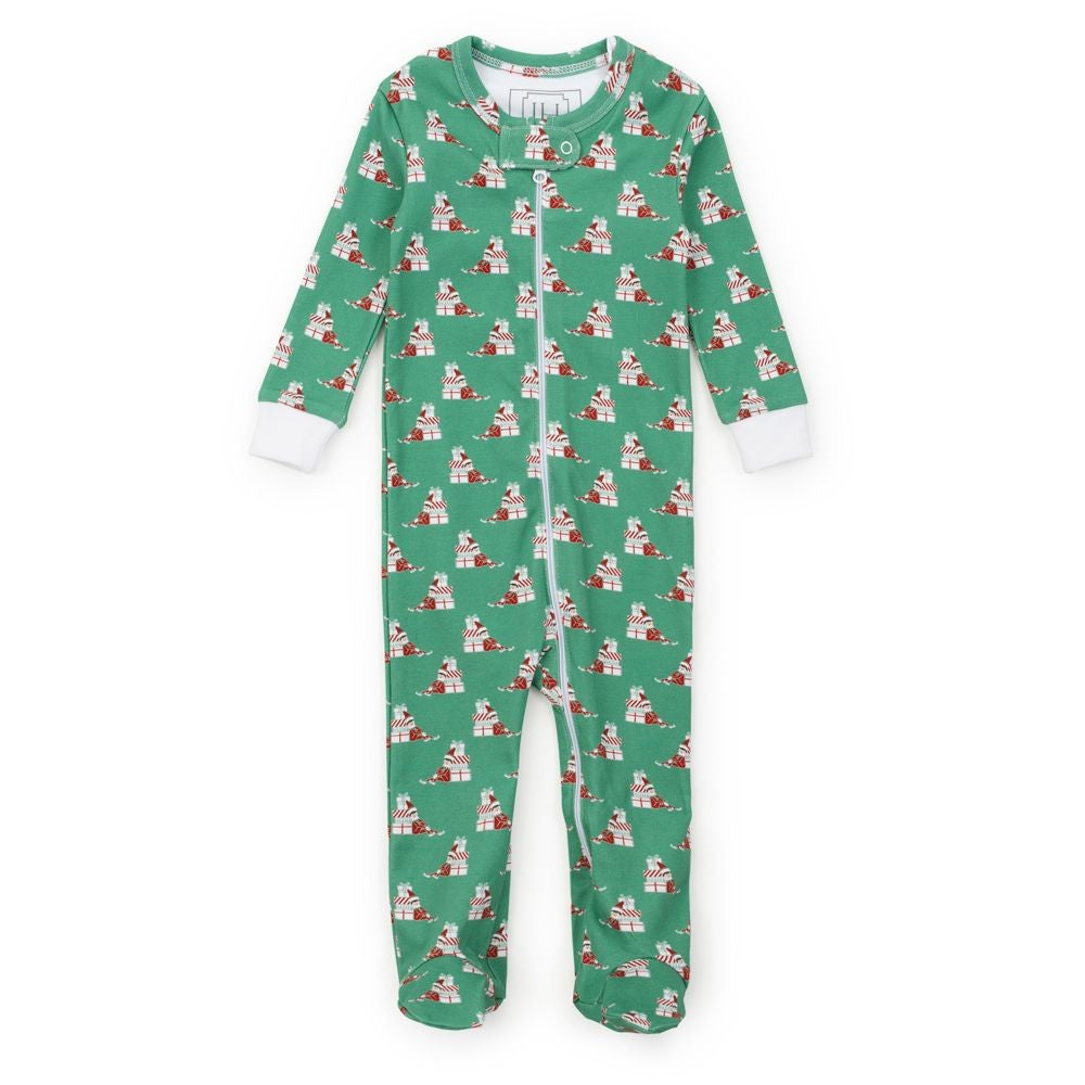 Lila & Hayes Baby Parker Zipper Pajamas - Green Santa's Helper Elves