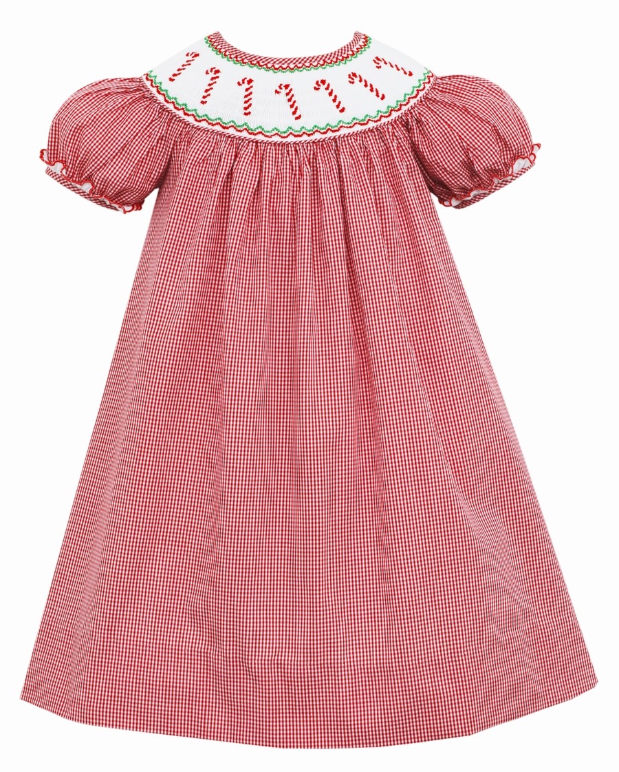 Anavini Baby / Toddler Girls Red Check Smocked Candy Canes Bishop Dress