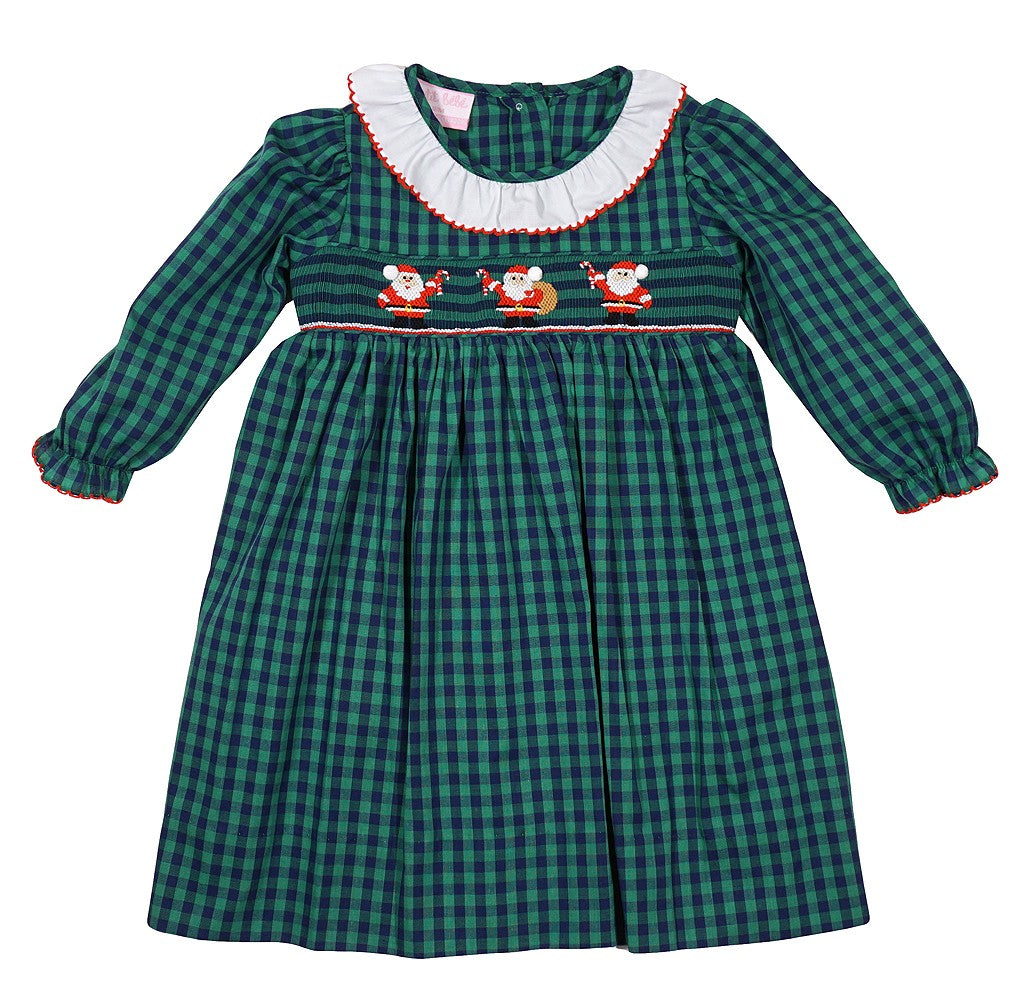 Petit Bebe Girls Green Holiday Plaid Smocked Santa Dress - Long Sleeves