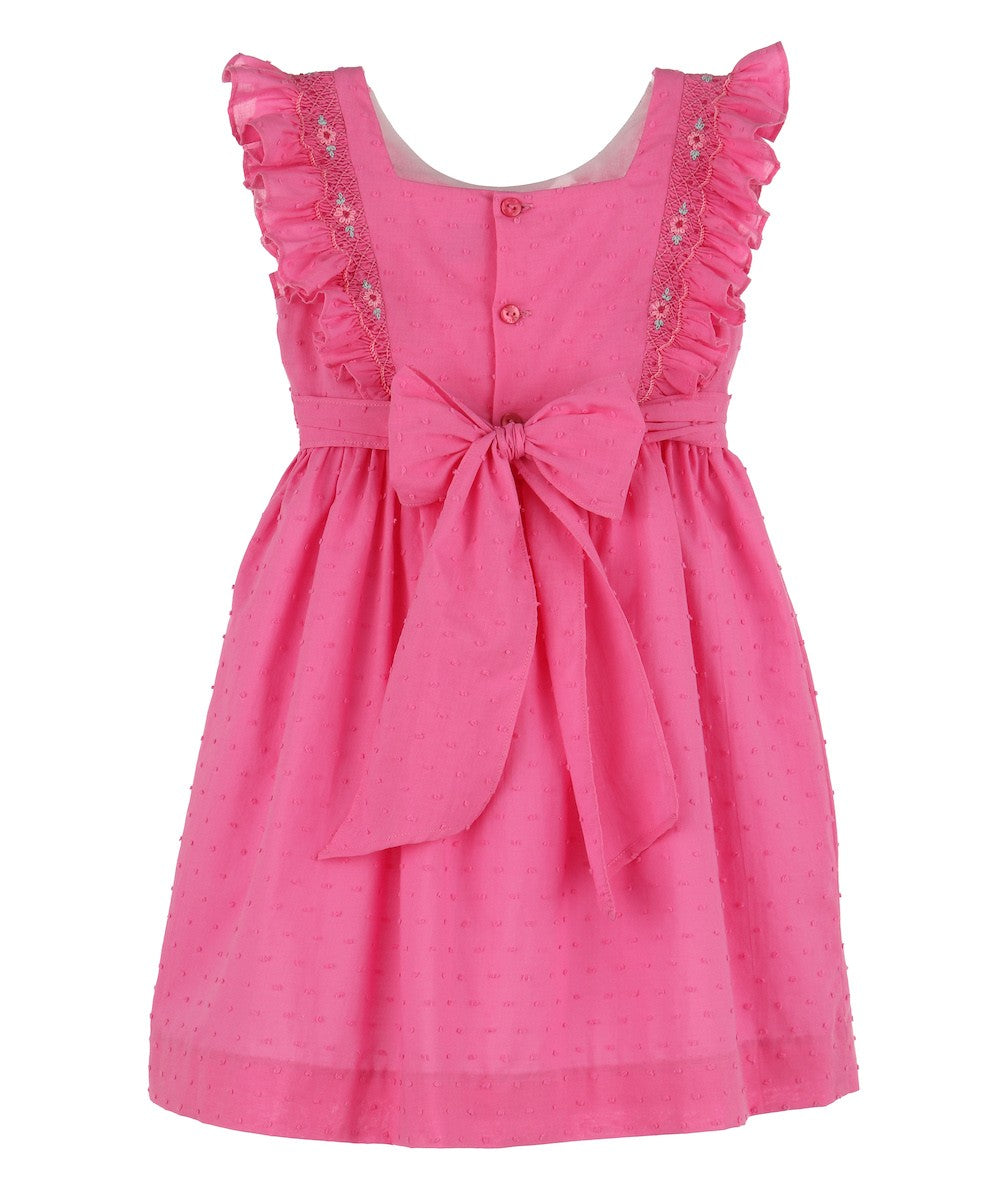 Luli & Me Girls Fuchsia Pink Dotted Swiss Smocked Ruffle Dress - Sash