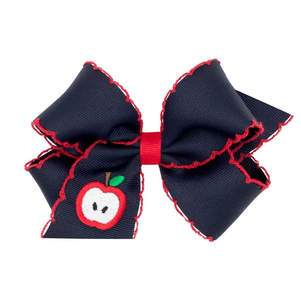 Wee Ones Girls Hair Bow on Clip - Embroidered Apple - Navy Blue