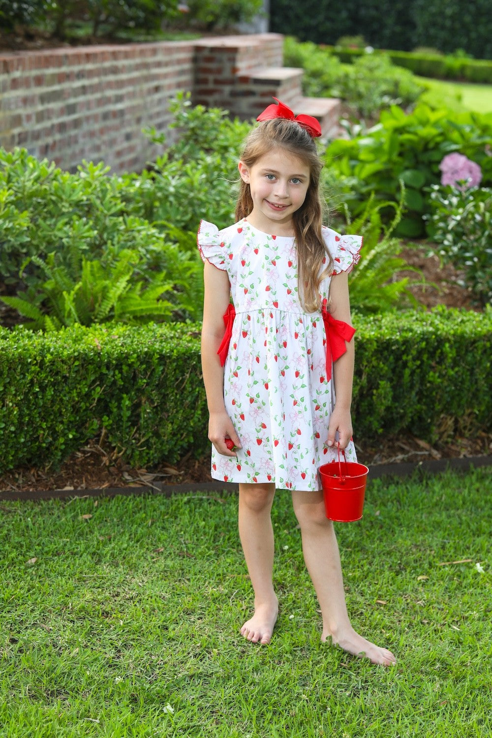 Trotter Street Kids Girls Pink Pick of the Patch Strawberry Woven Dress - Red Side Bows