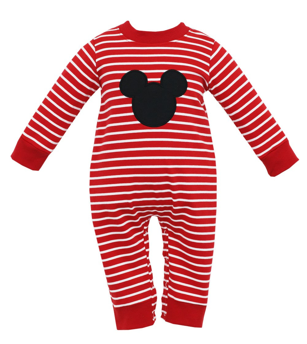Claire & Charlie Baby Boys Red Striped Romper - Long Sleeves - Mickey Mouse