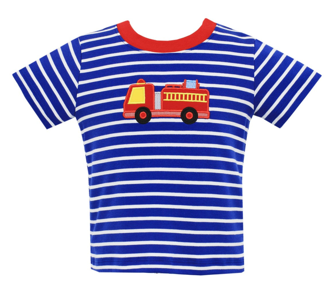 Claire & Charlie Boys Shirt - Royal Blue Stripes - Applique Firetruck by Claire & Charlie