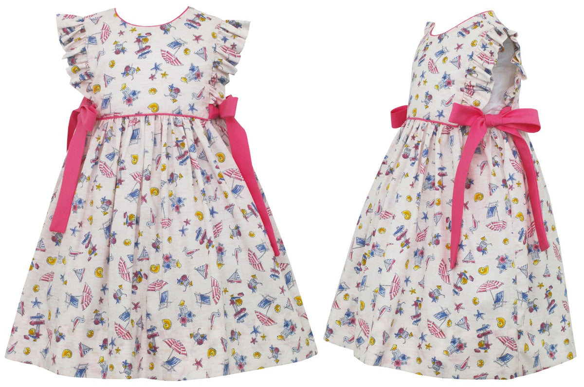 Claire & Charlie Girls Summer Vacation Print Pinafore Dress with Pink Bows at Sides by Claire & Charlie
