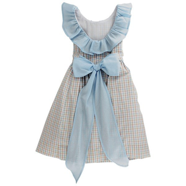 Bailey Boys Girls Princeton Plaid Dress - Blue Ruffle Neck & V-Back
