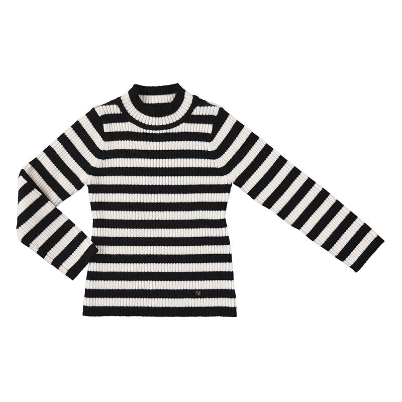 Abel & Lula Girls Black & White Knit Striped Turtleneck Top