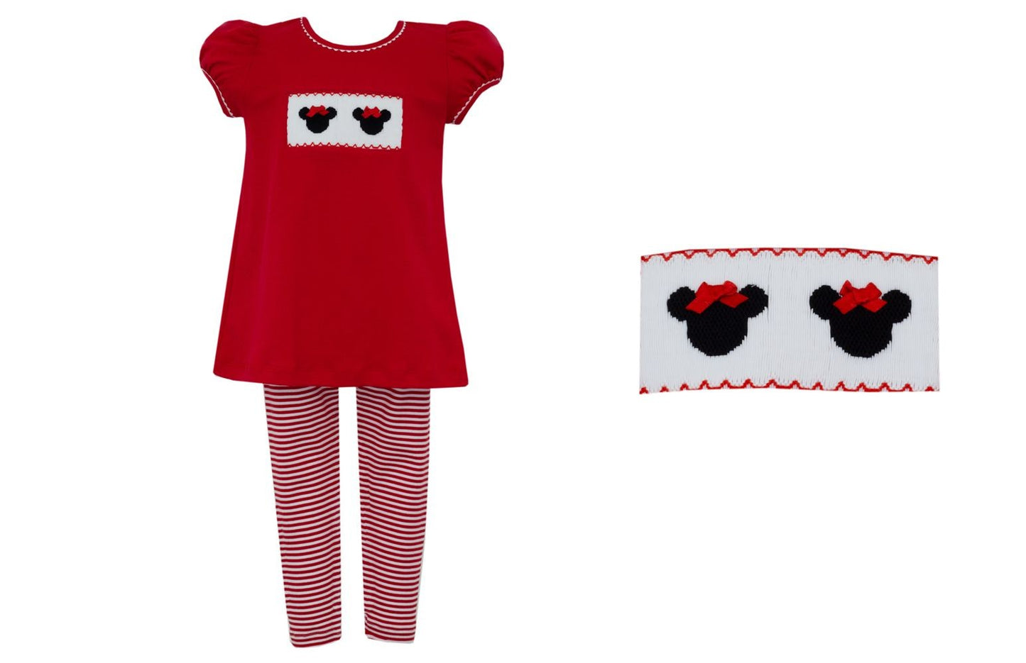 Anavini Girls Red Smocked Mouse Ears Tunic Set - Striped Leggings