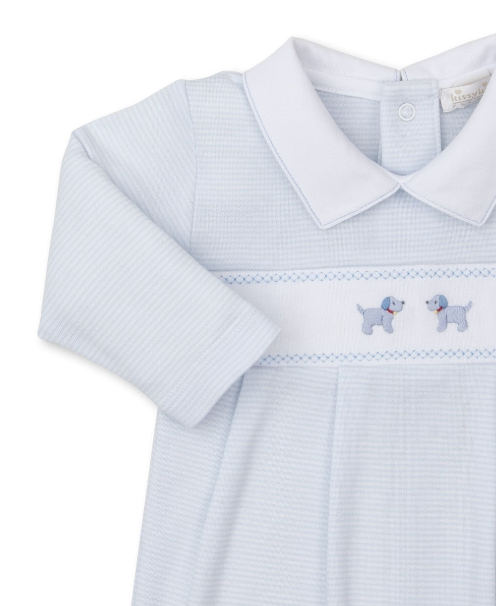 Kissy Kissy Baby Boys Light Blue Stripe Playsuit - Embroidered Puppy Dogs