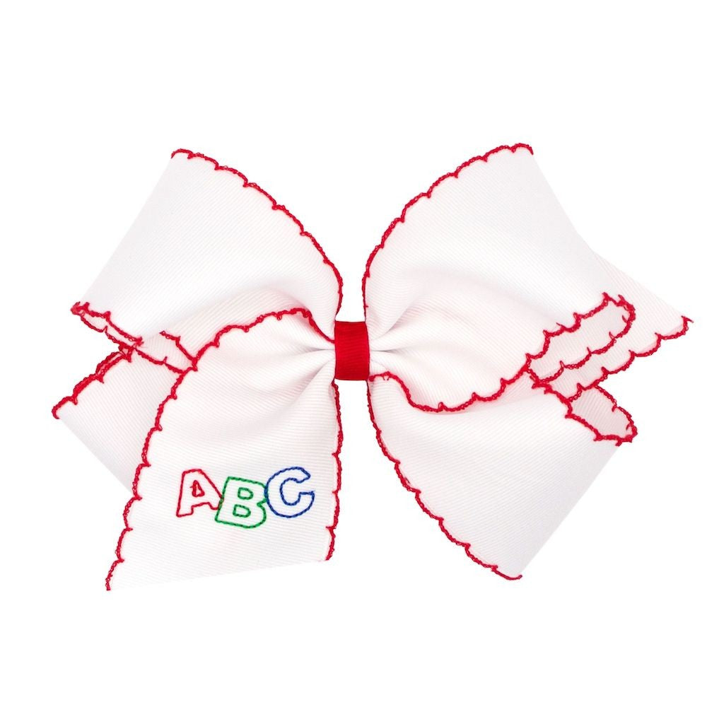 Wee Ones Girls Hair Bow - White with Red Moonstitch - Embroidery ABC