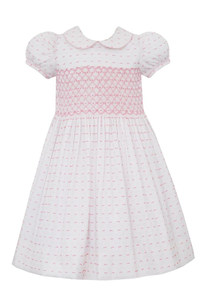 Anavini Couture Girls Pink Dotted Swiss Dress - Fully Smocked Bodice