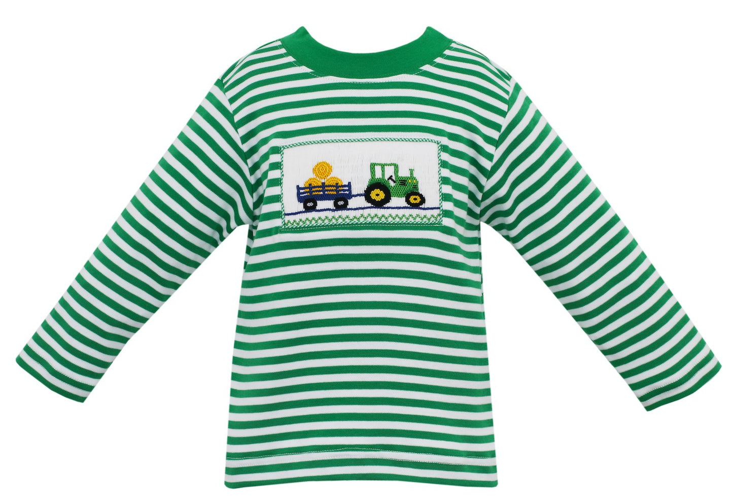 Anavini Velani Boys Green Striped Shirt - Smocked Farm Tractor