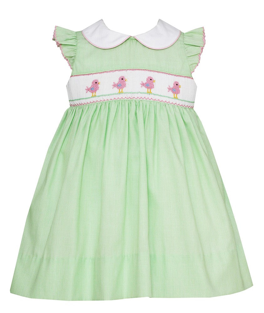 Petit Bebe Infant Girls Green Stripe Smocked Baby Birds Dress with Collar