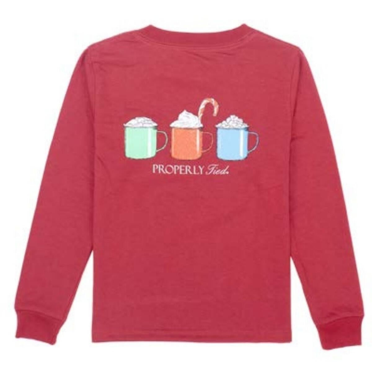 Properly Tied Tee Shirt - Logo Pocket - Long Sleeves - Back Graphic - Hot Chocolate Mugs on Cabernet Red by Properly Tied