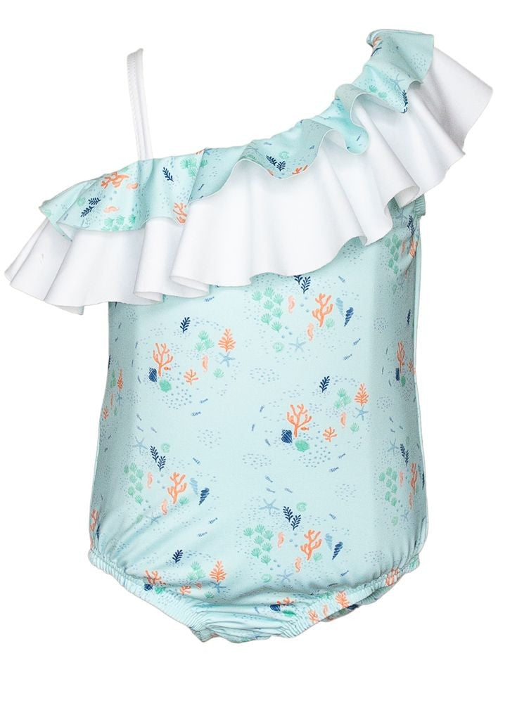Proper Peony Girls Aqua Ocean Reef Ruffe One Shoulder Swimsuit by Proper Peony