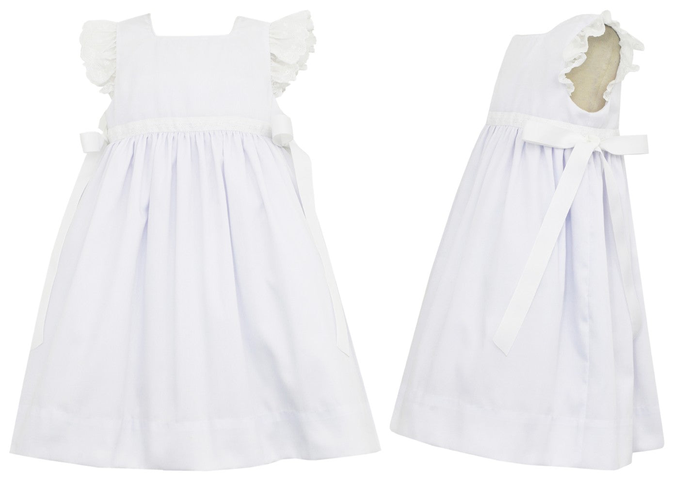 Claire & Charlie Girls Dress - White Pique - Swiss Eyelet Trim - Satin Ribbon Bows at Sides