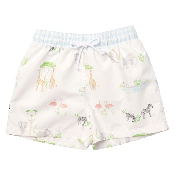 Sal & Pimenta Boys Swim Trunks - Blue Gingham Pocket on Back - Safari Animals