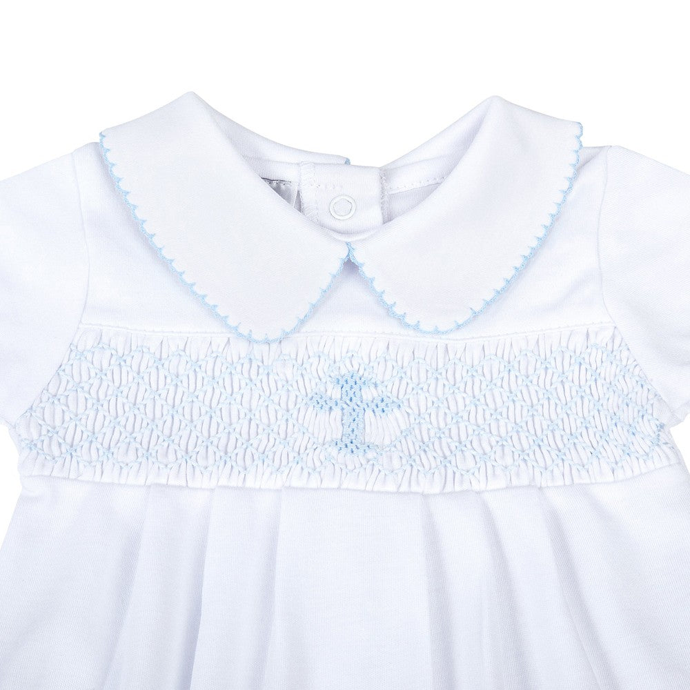 Magnolia Baby Boys Blessed Blue Smocked Cross Bubble