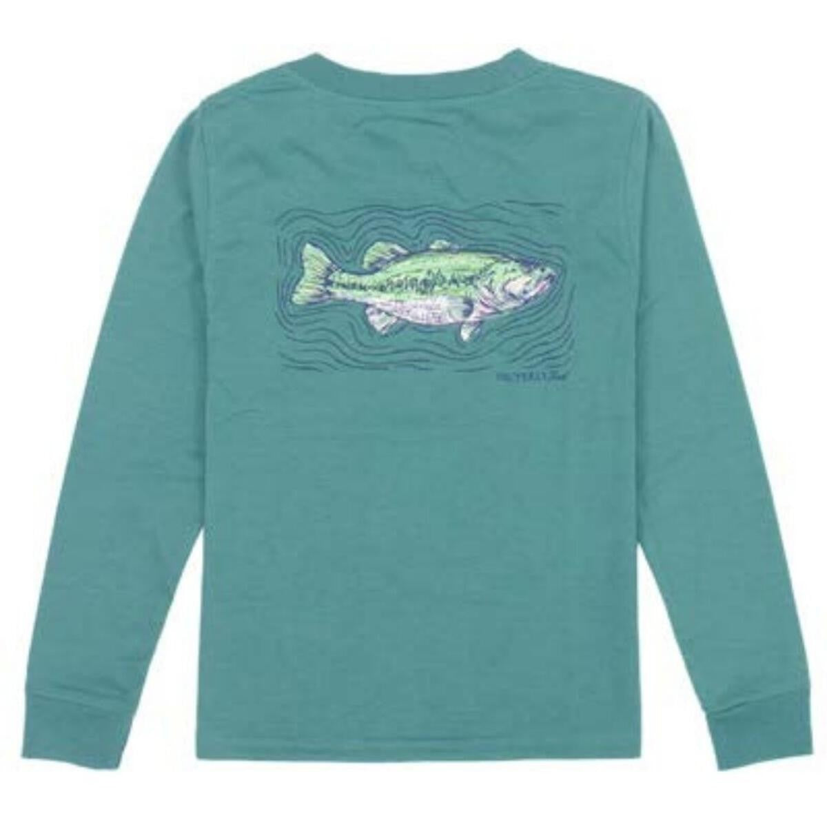 Properly Tied Tee Shirt - Logo Pocket - Long Sleeves - Back Graphic - Spotted Bass Fish on Teal Green