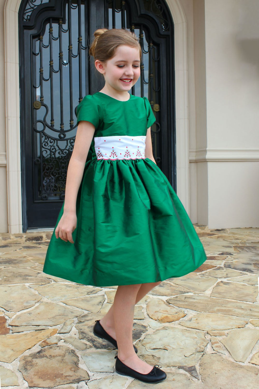 Susanne Lively Girls Christmas Dress - Emerald Green - Embroidered Trees Waist