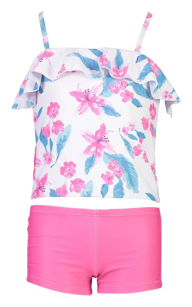 Snapper Rock Girls Fuchsia Pink / Blue Lily Frilled Tankini Swimsuit