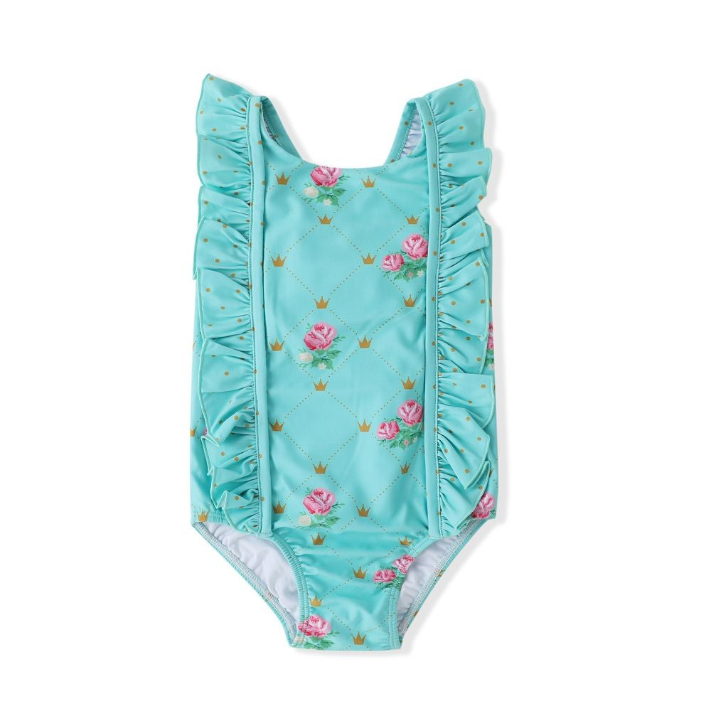 Swoon Baby Girls UPF 50 Ruffle Swimsuit - Aqua with Pink Flowers - Bow on Back