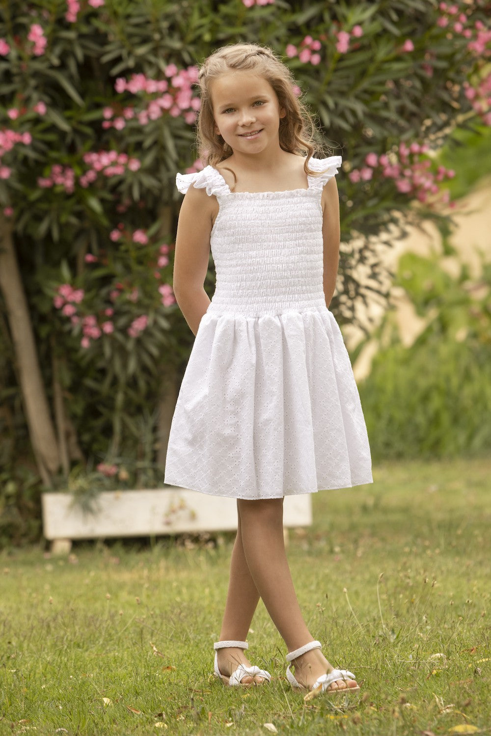 Luli & Me Gabby Girls Smocked White Eyelet Kate Flutter Sleeve Sun Dress