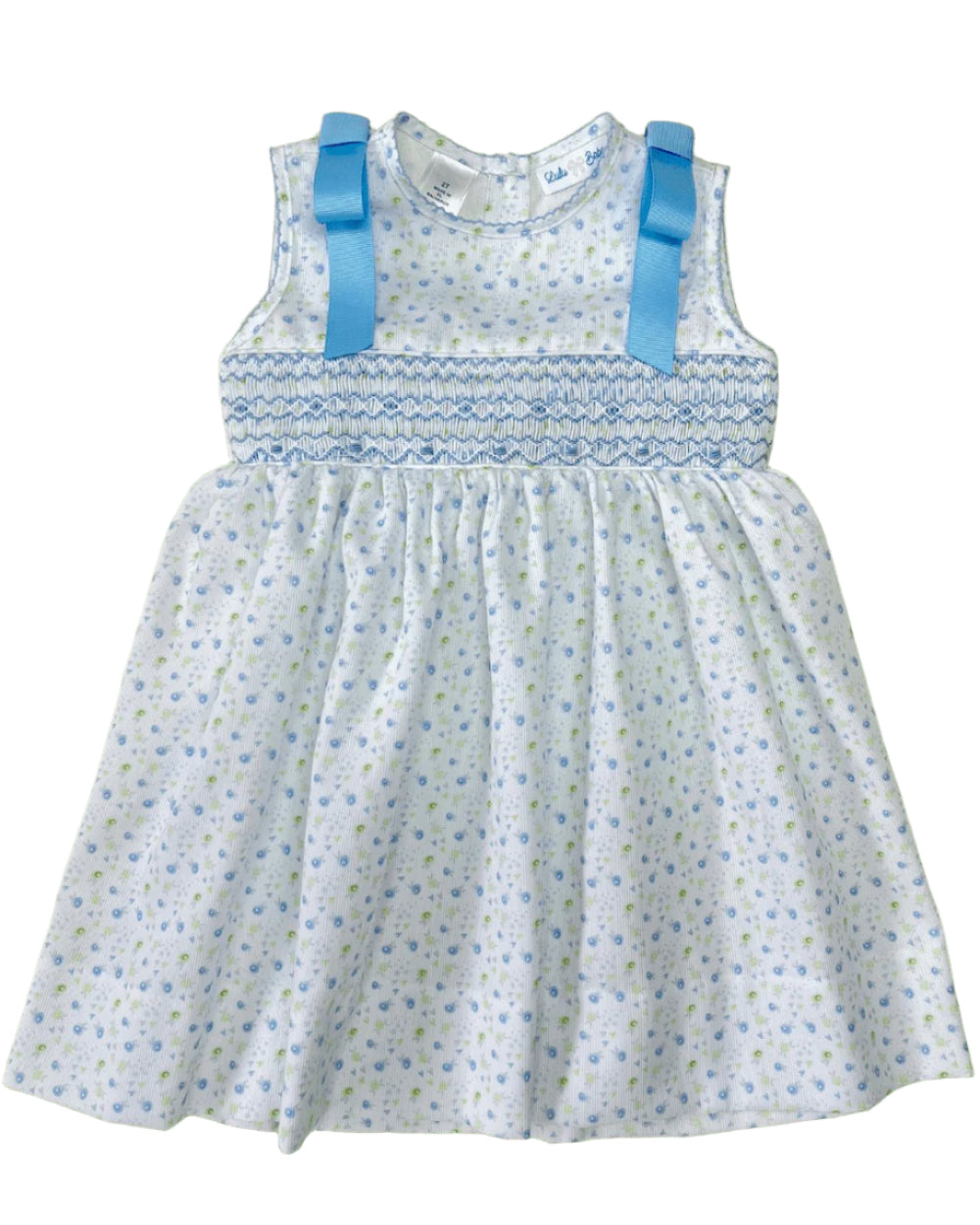 LuLu BeBe Girls Sleeveless Rose Floral Smocked Dress - Bows on Shoulders - Blue