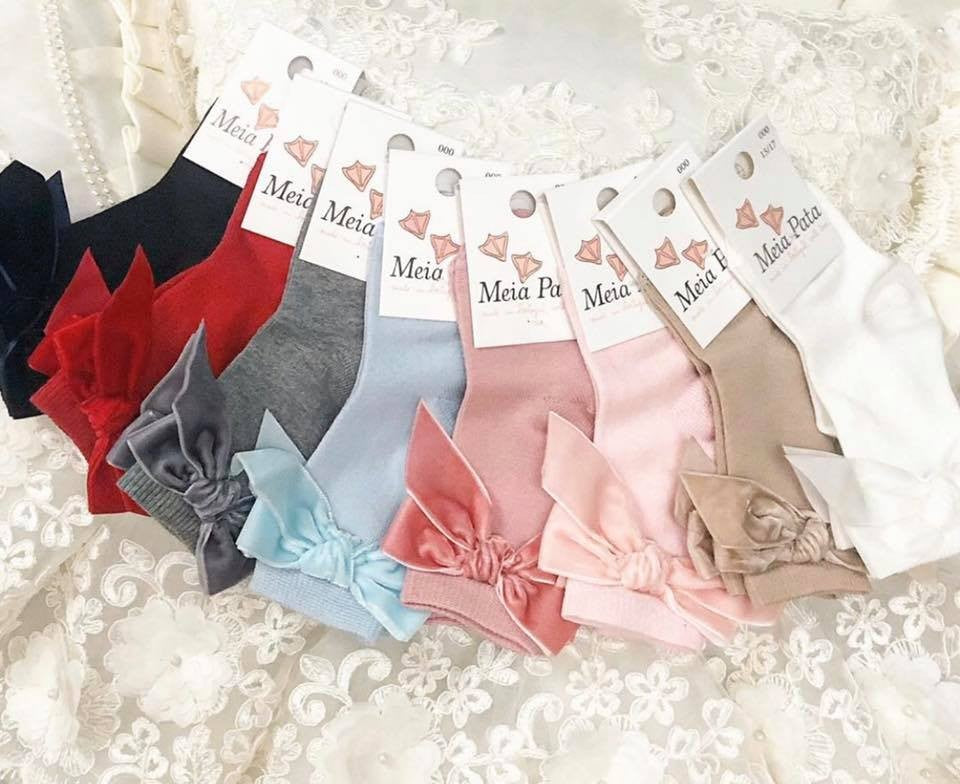 Meia Pata Socks - Girls Knee High Socks with Attached Knot Velvet Bow