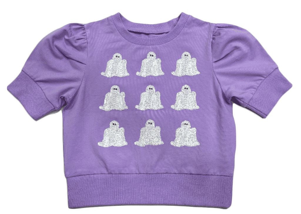 LuLu BeBe Girls Lavender Puff Sleeve Shirt - Sparkle Sequins - Halloween Ghosts