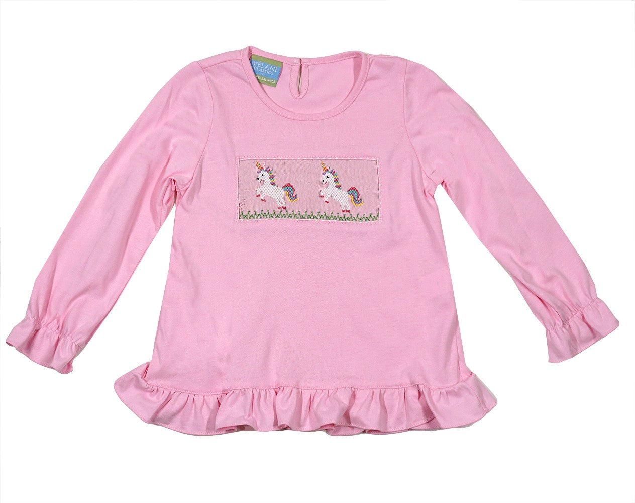 Anavini Velani Girls Pink Top - Smocked Unicorns by Anavini