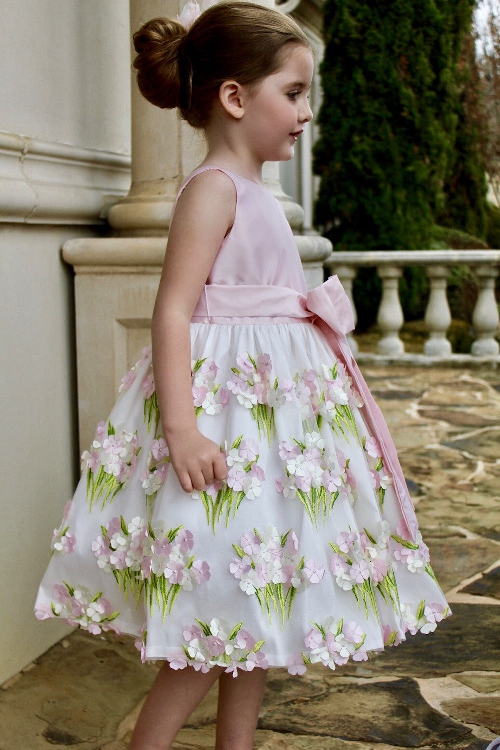 Susanne Lively Girls Pink / Green Petals Bouquet Dress with Sash