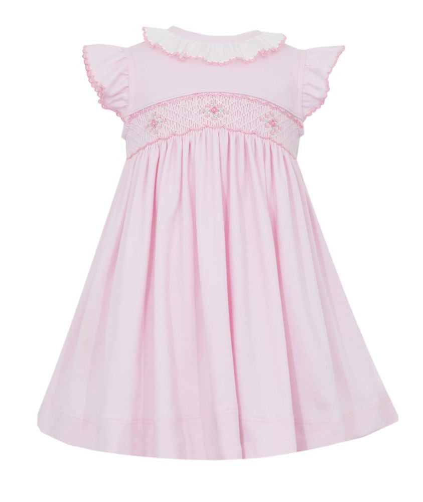 Petit Bebe Knits Girls Pink Smocked Dress - Ruffle Neck