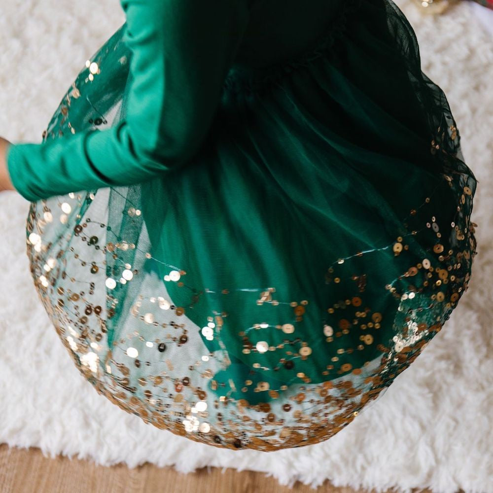 Sweet Wink Girls Sequin Tutu Christmas Dress - Emerald Green with Gold Sequins