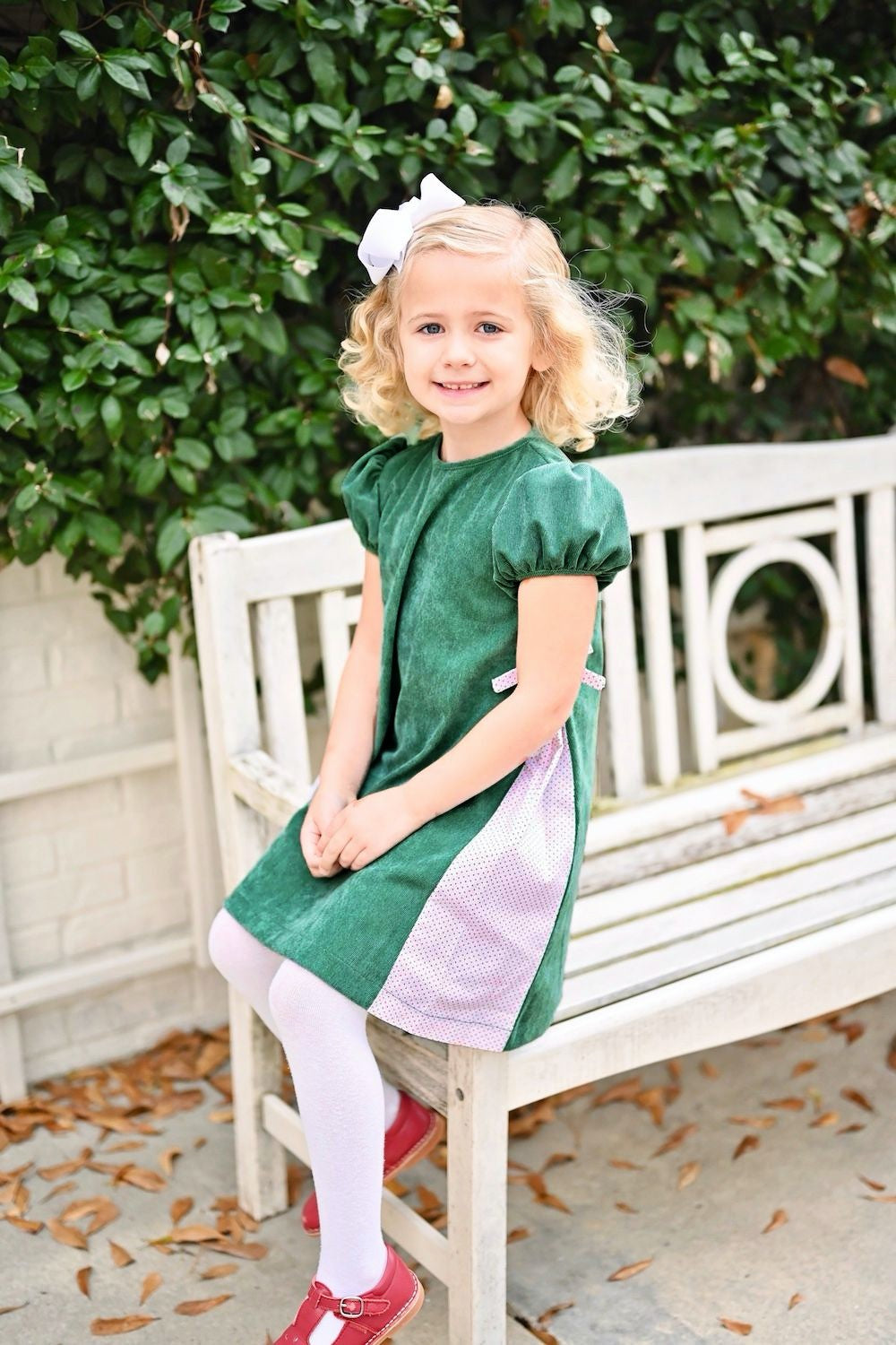 James & Lottie Girls Cece Dress - Green Cord with Red Dots Pleat by James & Lottie