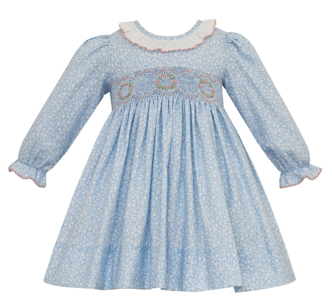 Petit Bebe Girls Blue Floral Smocked Dress - Ruffle Collar - Long Sleeves by Petit Bebe