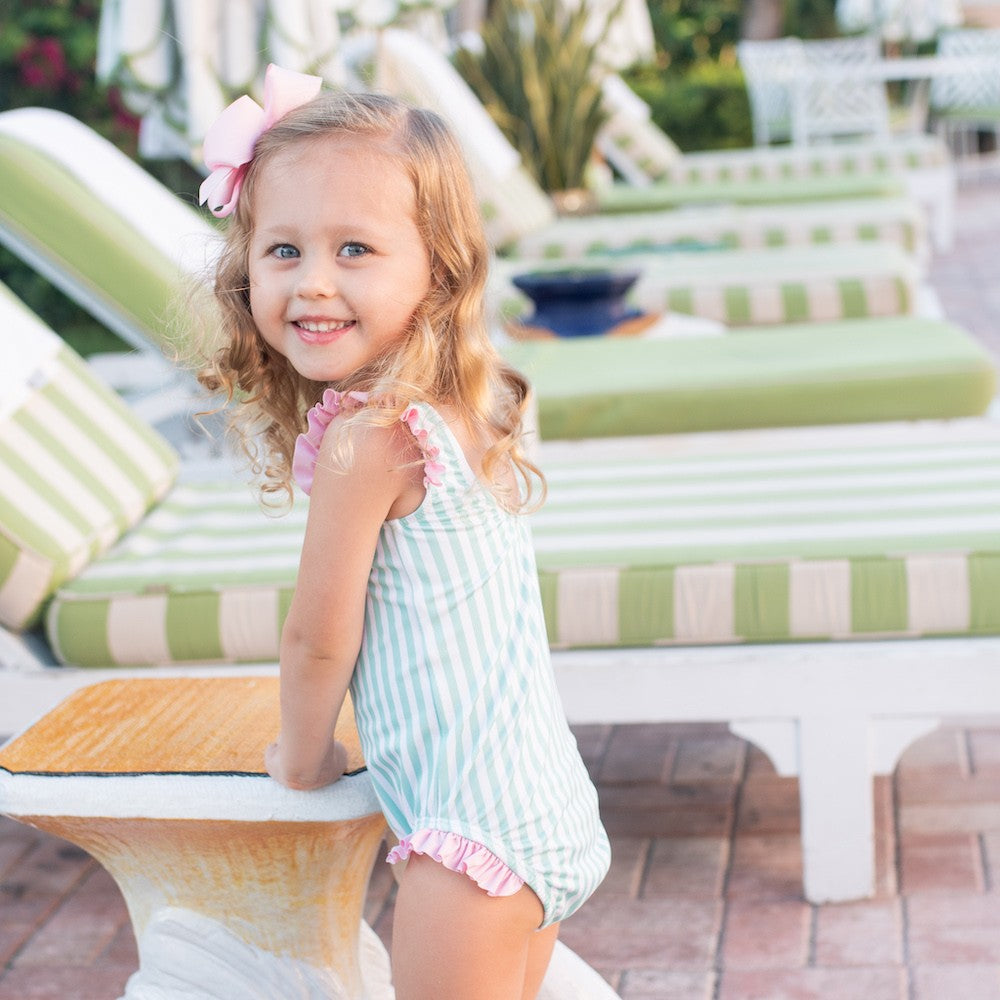 James & Lottie Girls Swimsuit - Caroline - Palm Beach Mint Stripes