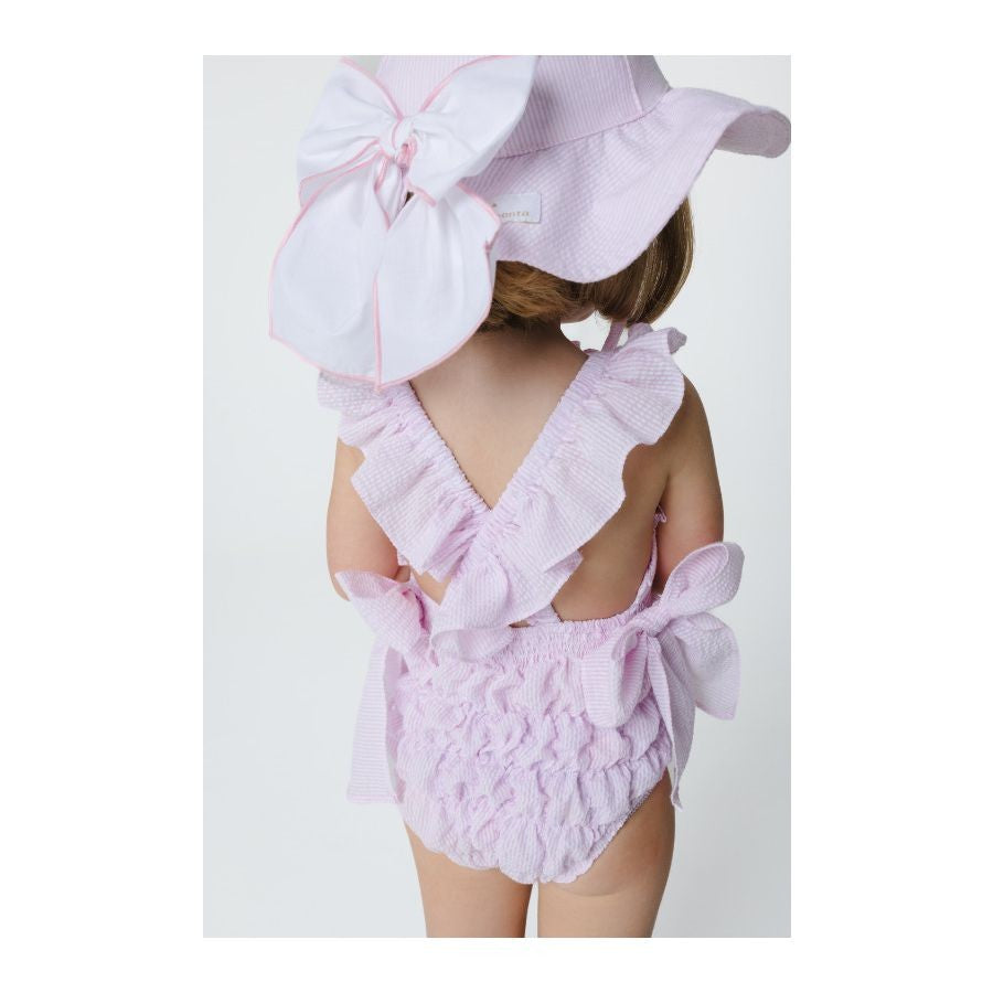 Sal & Pimenta Girls Pink Seersucker Frilled Swimsuit - Embroidered Bow & Bows at Hips