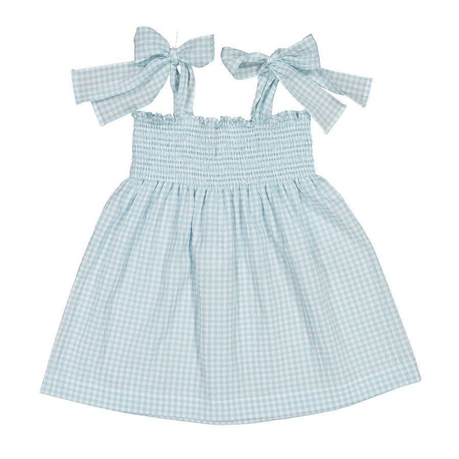 Sal & Pimenta Girls Smocked Dress with Ties - Capri Blue Gingham