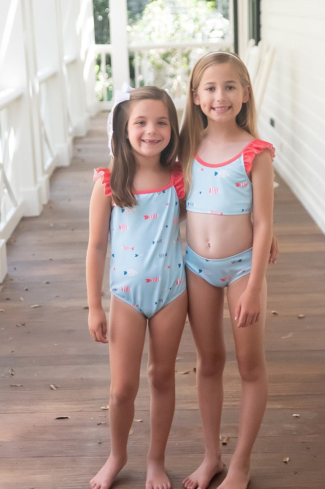 James & Lottie Girls Emerson Two Piece Bathing Suit - Blue Fish