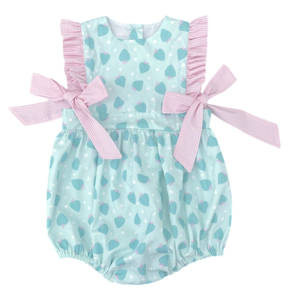 James & Lottie Baby Girls Ruthie Bubble with Side Bows - Strawberry Print