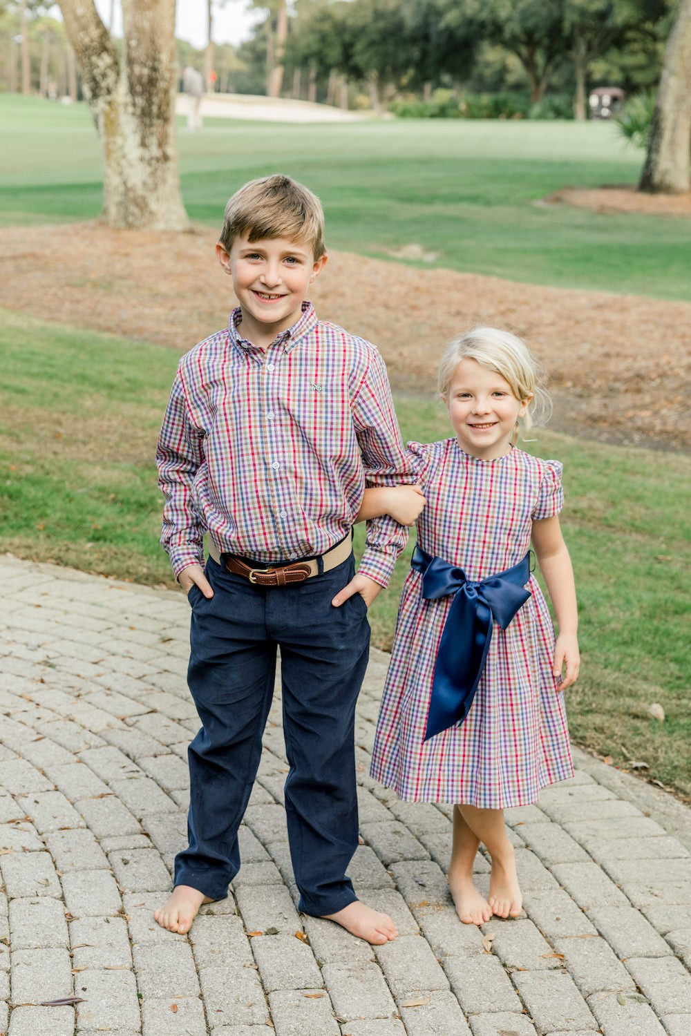 Bailey Boys Girls Dress with Navy Blue Sash - Banks Brown / Biscuit Plaid by Bailey Boys