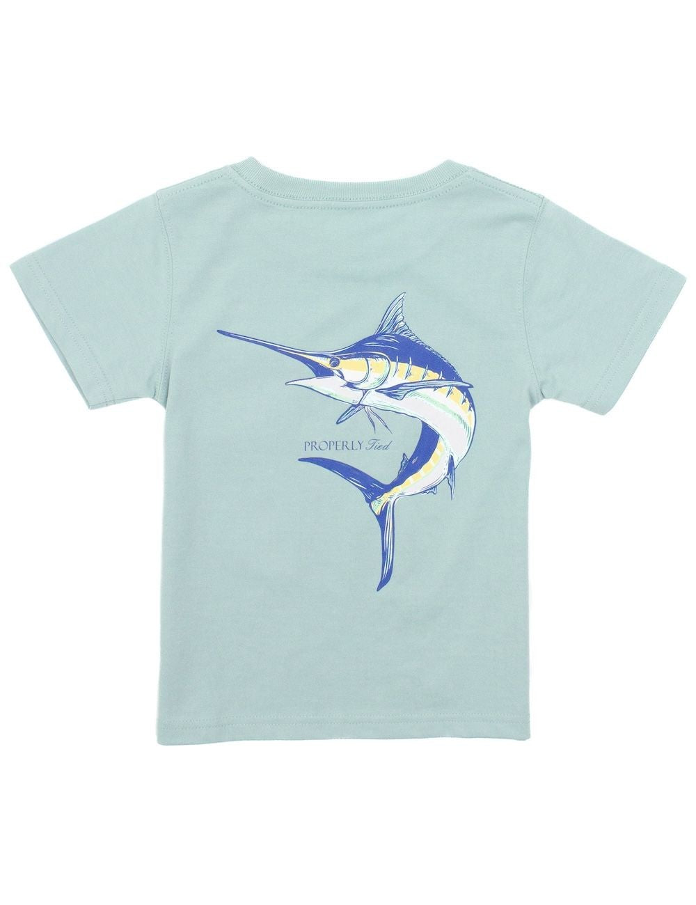 Properly Tied T-Shirt - Logo Pocket on Front - Graphic on Back - Blue Marlin on Marine Mist by Properly Tied