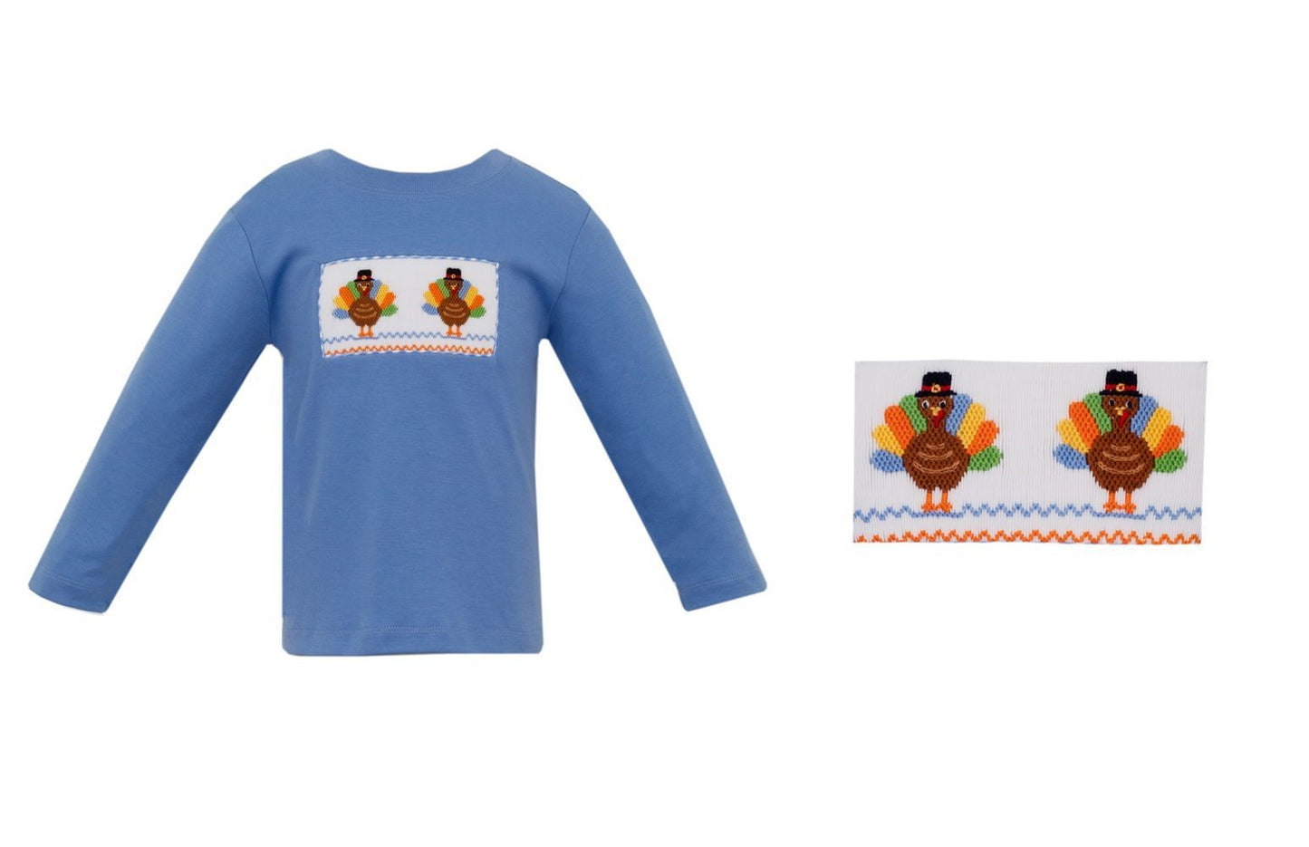 Anavini Velani Boys Blue Shirt - Smocked Thanksgiving Turkeys