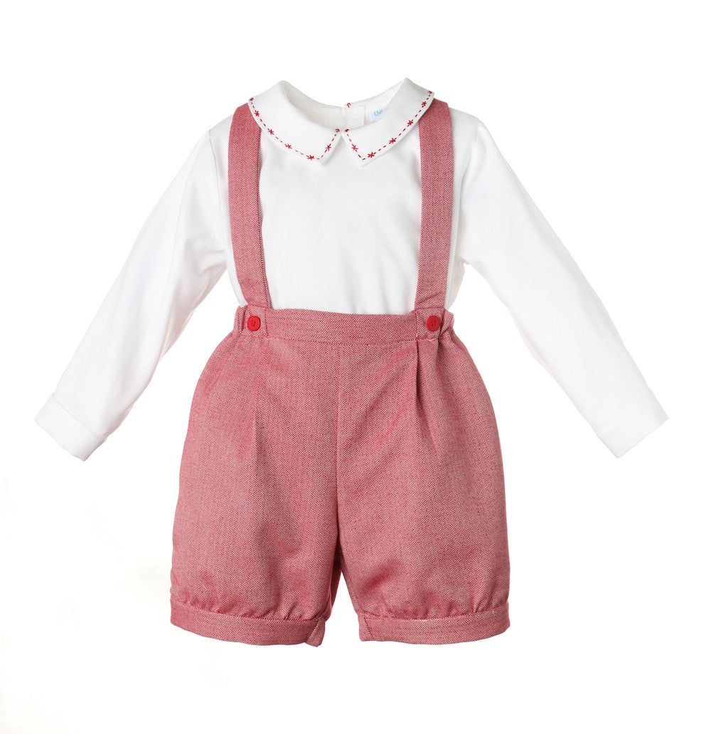 Luli & Me Baby / Toddler Boys Herringbone Twill Suspender Shorts Set - Red
