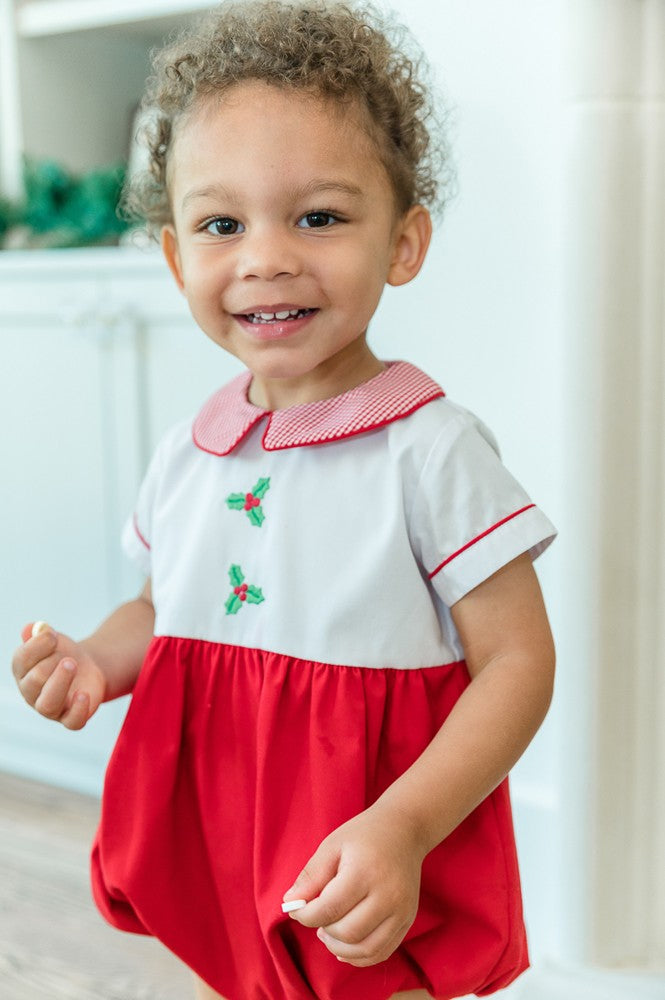 Proper Peony Baby Boys Red Holiday Holly Bubble with Gingham Collar