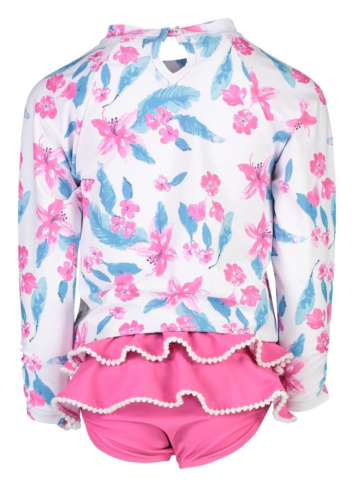 Snapper Rock Girls Fuchsia Pink / Blue Lily Long Sleeve Ruffle Swim Set